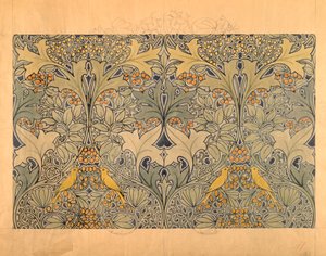 Motif textile avec oiseaux, baies et feuillage
